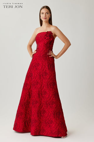 Teri Jon 267066 Red Strapless Floral Jacquard Ball Gown