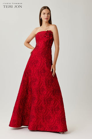 Teri Jon 267066 Red Strapless Floral Jacquard Ball Gown