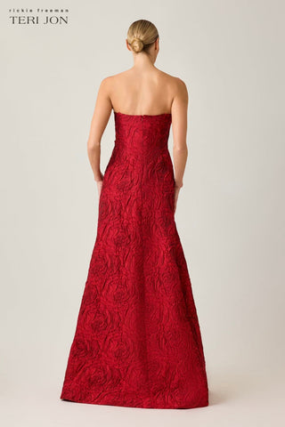 Teri Jon 267066 Red Strapless Floral Jacquard Ball Gown