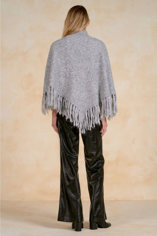 Elan Grey Turtleneck Fringe Knit Poncho SWF11787