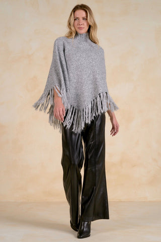 Elan Grey Turtleneck Fringe Knit Poncho SWF11787