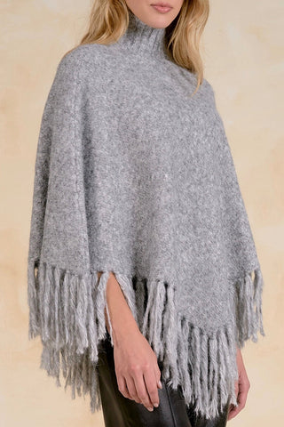 Elan Grey Turtleneck Fringe Knit Poncho SWF11787