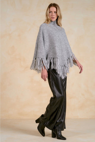 Elan Grey Turtleneck Fringe Knit Poncho SWF11787
