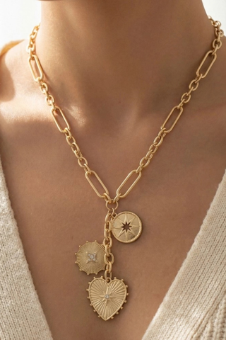 Intricate Heart and Coin Pendants Chain Necklace Anarchy Street TN30079