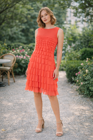Isle Gemma Dress Coral  Woman in a coral dress standing outdoors with greenery and flowers in the background