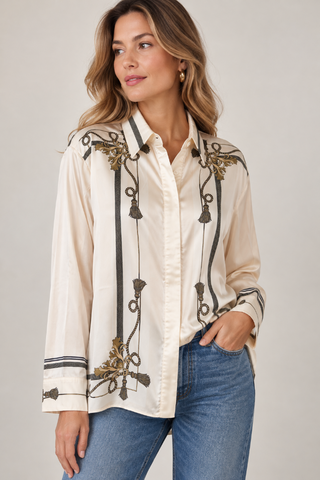 Ivory Baroque Print Satin Button-Down Blouse Beulah Style AC2230