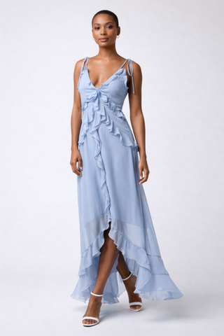 Jamie Ruffled High Low Maxi Dress WS-L25192 Woman wearing a light blue dress with a white background
