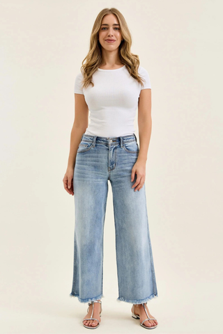 Judy Blue Mid Rise Ankle Hollywood Waistband Fray Hem Wide Leg Denim 82728REG