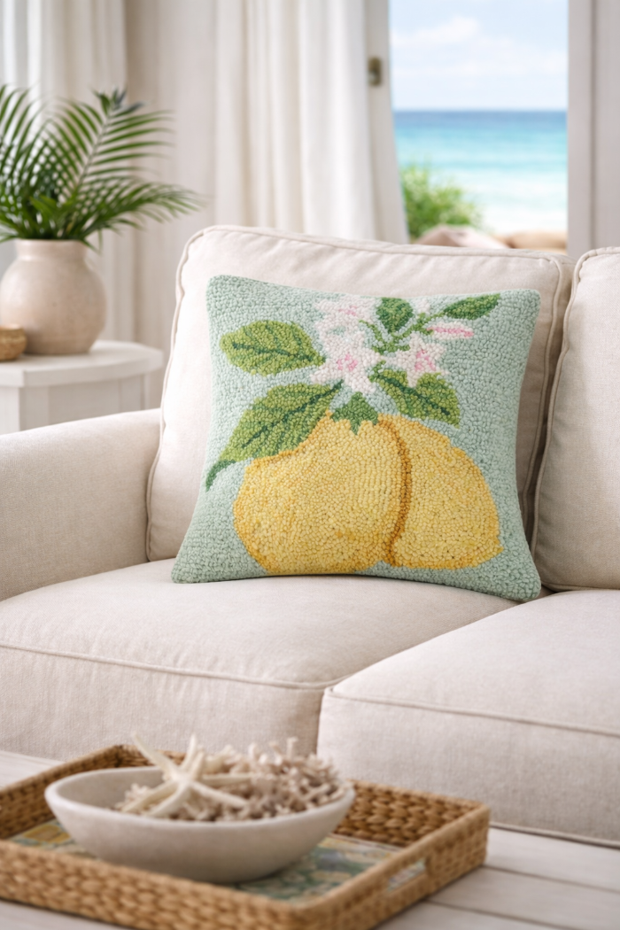 Zesty Lemons Hand-Hooked Wool Accent Pillow - Decorative Throw Pillow