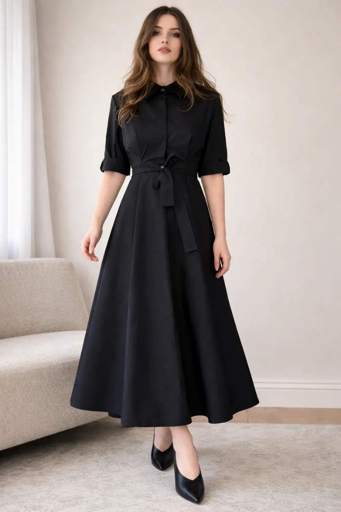 high tide midi shirt dress for woman Black Tie-Waist Midi Shirt Dress | Pleated Skirt