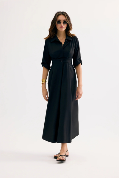 Black Tie-Waist Midi Shirt Dress | Pleated Skirt | Leo & Ugo  The Dressing  Room