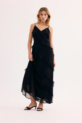 Leo & Ugo KER094 Angelina Black Long Dress with Ruffles Woman wearing a black dress on a white background