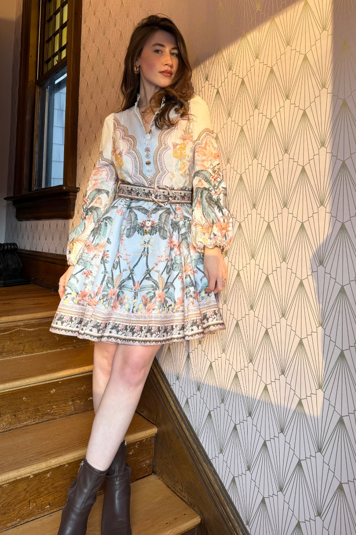 knee length dresses for ladies Ceri Embroidered Mini Dress in White Multi main image 0