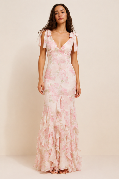 lulus pink floral dress Women's Sleeveless Tie Strap Ruffle Maxi Dress, Pink, Small Hidden back zipper/clasp Women's Suits Long Dress 25 waist Size:Woman S-M