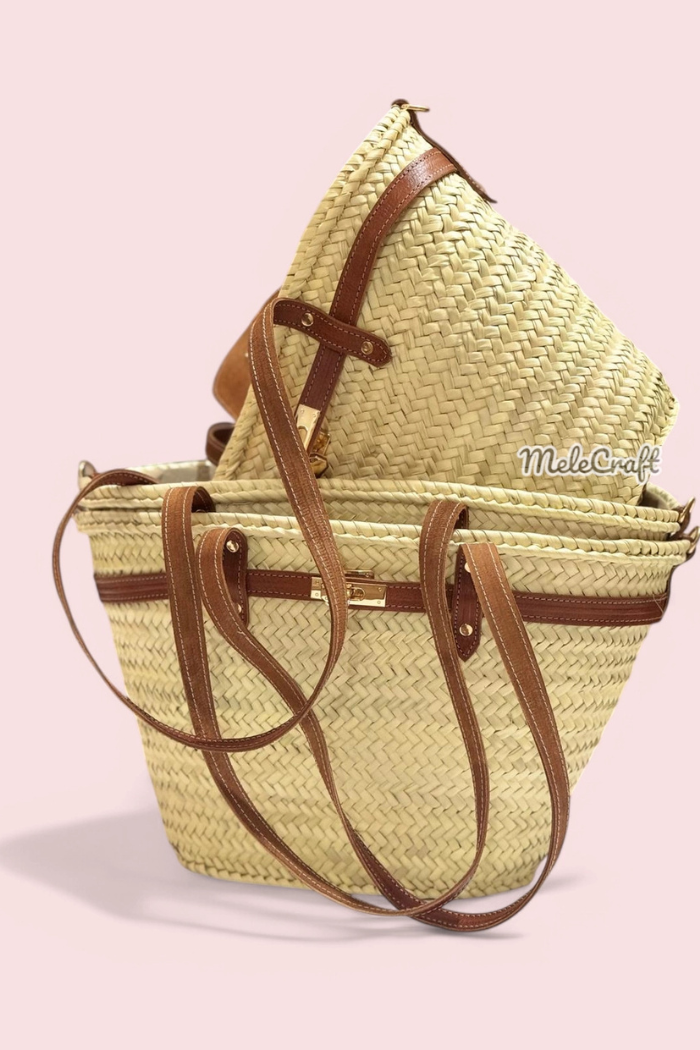 Luxury Straw Tote Bag with Leather Lock Closure