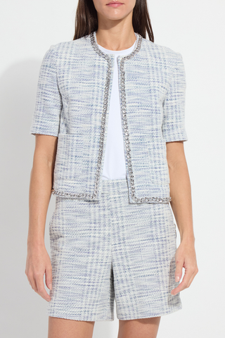 Lyssé 24-3834-M2 Lily Summer Tweed Jacket Woman wearing a tweed suit with a jacket and shorts on a plain background