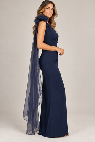 One-Shoulder Rosette Scarf Detail Gown - Navy Frank Lyman 269025