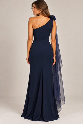 One-Shoulder Rosette Scarf Detail Gown - Navy Frank Lyman 269025