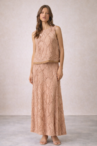 Mocha Textured Maxi Skirt lalavon ILK5201 Woman wearing a beige lace top and skirt set against a plain background