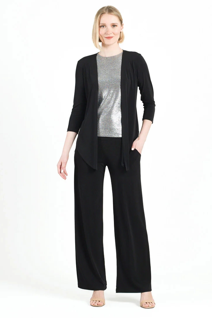 Modern 3/4 Sleeve Tie-Front Cardigan – Wrinkle-Free Silky Travel Knit - Black