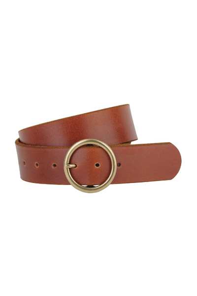 Wide Brass-Toned Circle Buckle Leather Belt | Genuine Tan  display picture 3