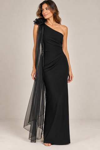 One-Shoulder Rosette Scarf Detail Gown - Black Frank Lyman 269025