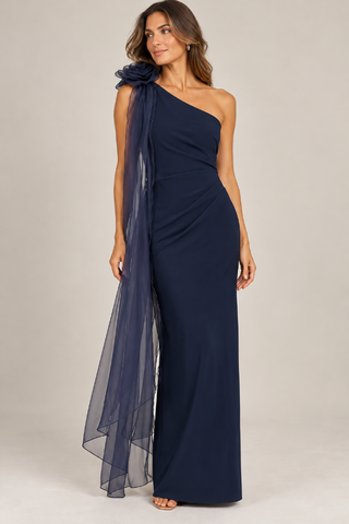 One-Shoulder Rosette Scarf Detail Gown - Navy Frank Lyman 269025