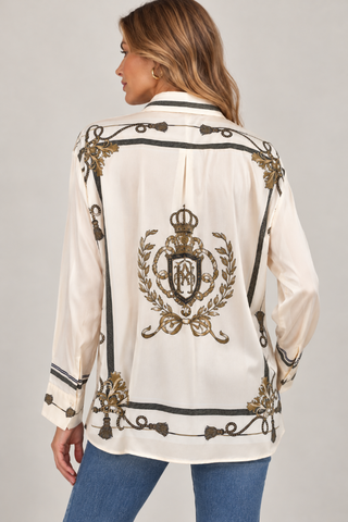 Ivory Baroque Print Satin Button-Down Blouse Beulah Style AC2230