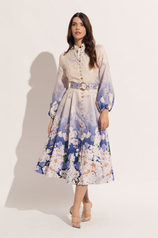 Long Sleeve Hydra Floral Tea Length Print Dress oolala M10217