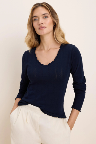 Pointelle Rib Cleo Long Sleeve Tee BNZF263002 Dark Indigo