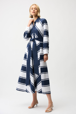 Ribkoff 261936 Cotton Stripe Print Fit and Flare Shirt Dress with Reversible Sash