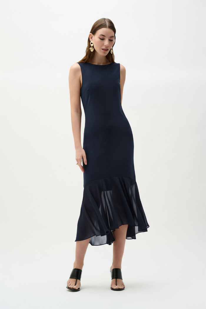 Silky Knit Chiffon Flounce Dress | Midnight Blue