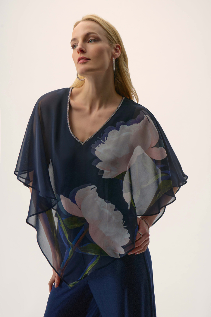 Ribkoff Signature | Chiffon & Silky Knit Floral Print Poncho Top 254731