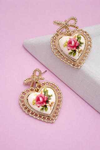 Rose Ceramic Porcelain Bow Drop Earrings
