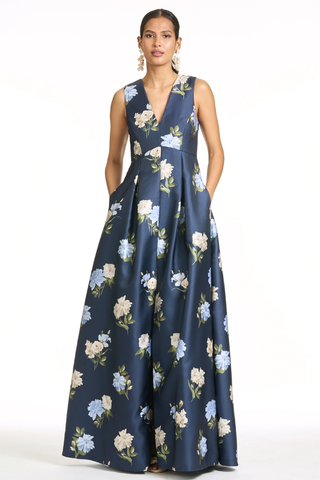 Sachin & Babi Brooklynne Gown - Maritime Corsage S262G24-411 Woman wearing a navy floral dress on a white background