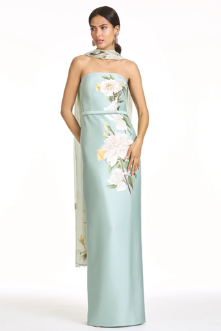 Sachin & Babi  Embellished Sophia Gown - Celadon Floral S263G44-335 Woman wearing a floral halter neck dress on a white background
