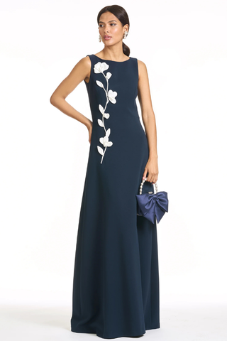 Sachin & Babi Embroidered Denee Gown - Midnight S262G22-410 Woman wearing a navy gown with floral embellishments on a white background