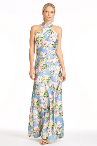 Sachin & Babi Laurant Gown - Twilight Camellias S262G33-494 Woman wearing a floral halter neck dress on a white background