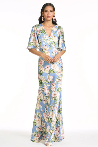 Sachin & Babi Mae Gown - Twilight Camellias S262G31-494 Woman wearing a floral dress on a white background
