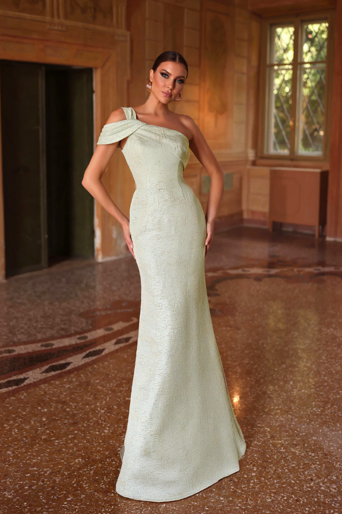 Metallic One-Shoulder Column Gown