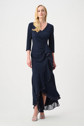 Scuba Crepe and Chiffon Ruffled Trumpet Gown - Midnight Blue Ribkoff 263741