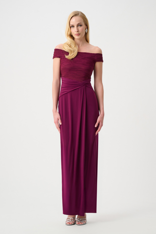 Silky Knit and Cascade Off-Shoulder Sheath Gown Ribkoff 261733F26