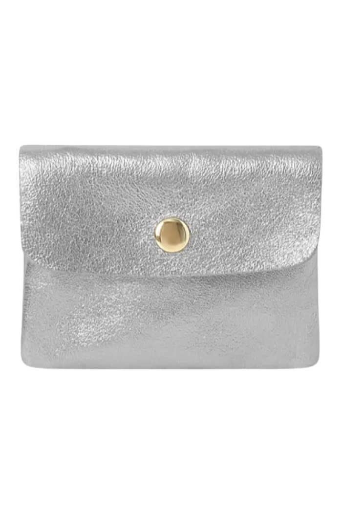 Silver  leather coin purse with a gold button 