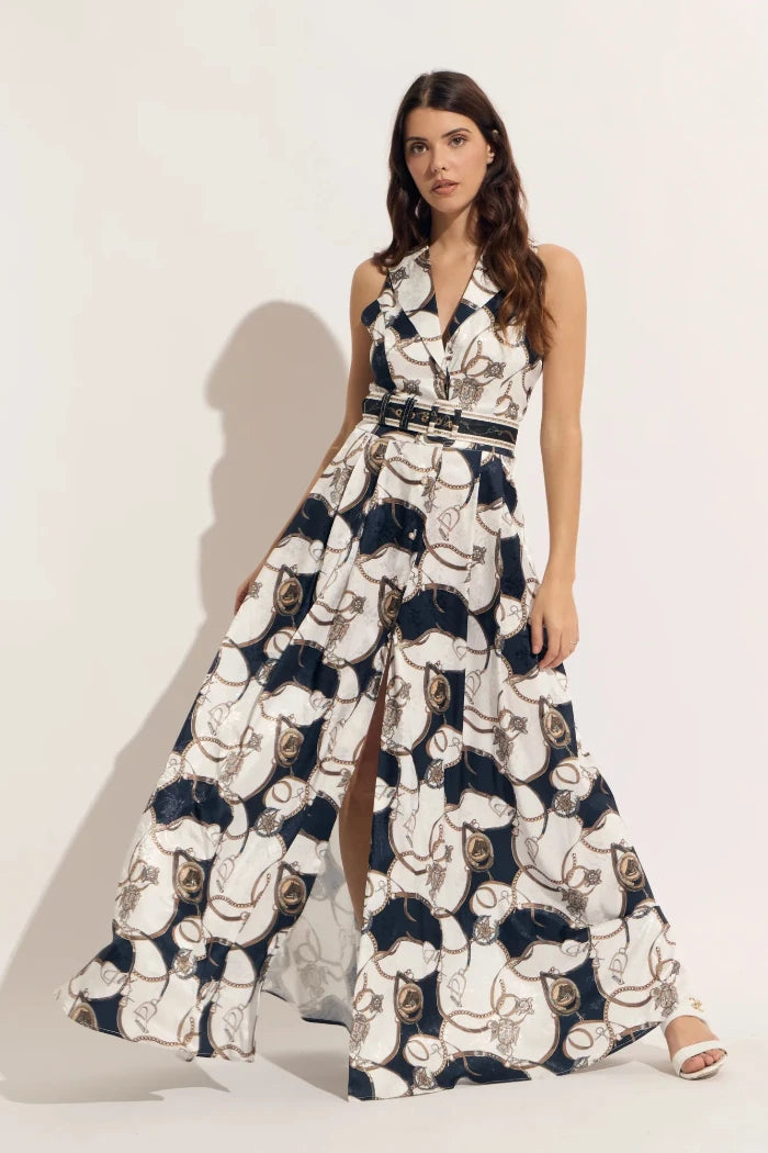 belted maxi dress Sleeveless Equestrian Print ss2017 Bella Dress | MILLER 100% Cotton Luxury Satin Colors:Red Burgundy