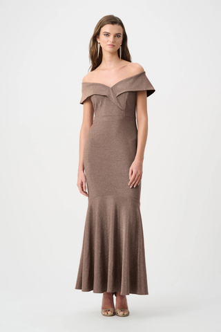 Joseph Ribkoff Sparkle Knit Off-Shoulder Trumpet Dress Bronze