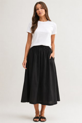 Spring Breeze Elastic Waist Cotton Skirt - Black
