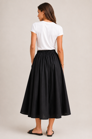Spring Breeze Elastic Waist Cotton Skirt - Black