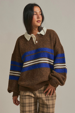 Striped Rugby Polo Sweater with Contrast Collar Urban Daizy UDSW0379