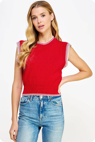 Strut & Bolt Embroidered Sleeveless Pointelle Knit Top K-4621-H-8 Red/White