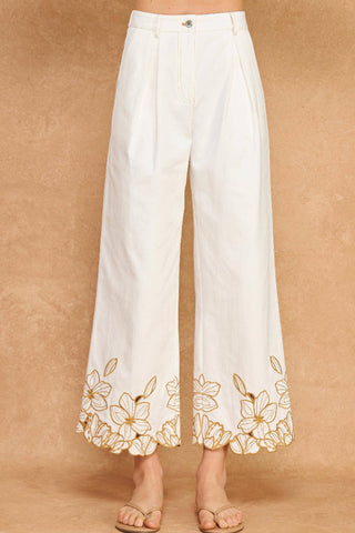 Strut & Bolt Floral Cut-Out Embroidery Twill Pants Off White P-3581-P